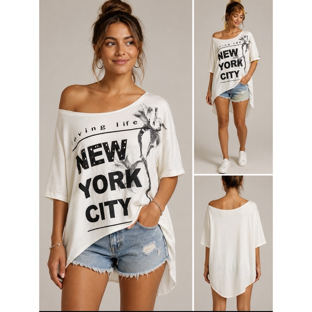 Michela Mii New York City Oversized Off Shoulder Highlow Graphic Tee M Italy